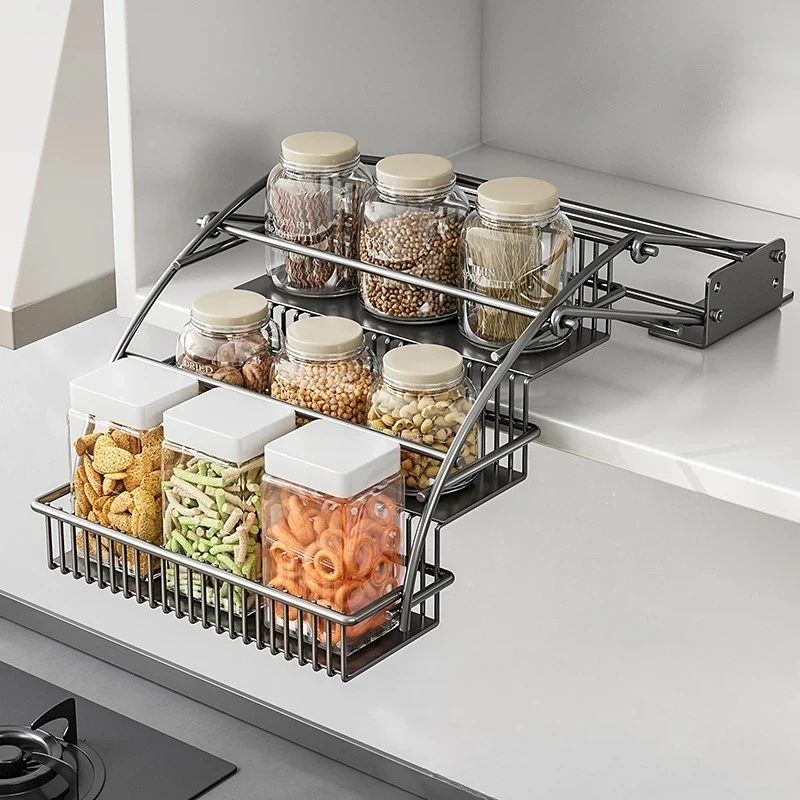 Cabinet Pull Down Basket, 3 Tier Lift Up Spice Rack, No Drill Telescopic Storage, Elderly Friendly Overhead Kitchen Organizer