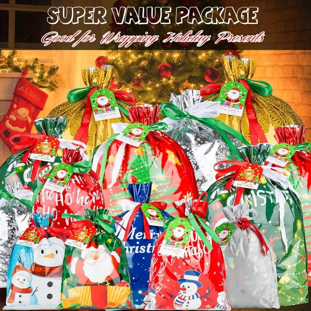 33pcs Christmas Mixed Color Drawstring Gift Bags Christmas Party Holiday Gift Packaging Gift Bags Decorative Bags