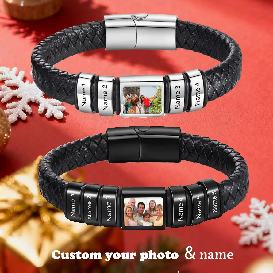 

Персонализированный фотобраслет для мужчин, браслет с изображением на заказ, кожаный браслет с гравировкой имени, магнитный браслет, ювелирные изделия, Рождественский подарок для мужчин