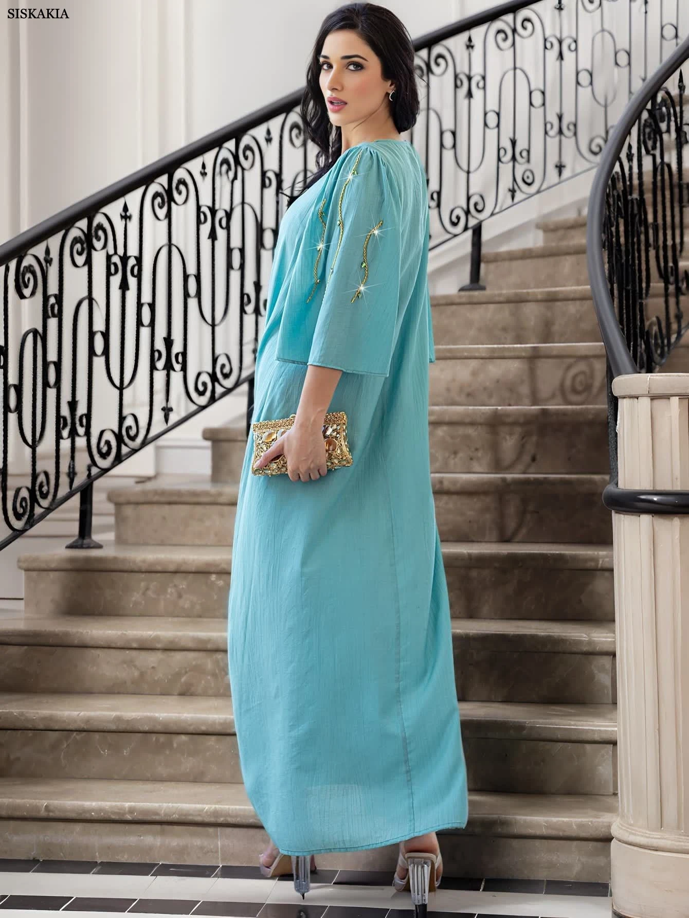 Siskakia Dubai elegante vestido de noite feminino com miçangas e gola redonda 	 Abaya Três Quartos Kaftan Flare Manga Caftan Marocain Femme