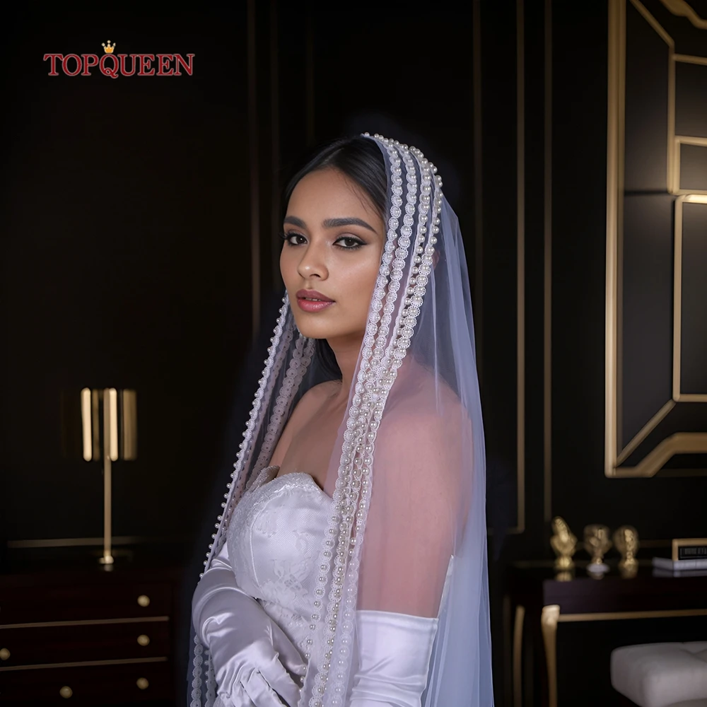 

TOPQUEEN V159 New Bridal Veil Luxurious Pearl Wide-brimmed Veil Extra Long Royal Wedding Veil 5 Meters High Quality Romantic