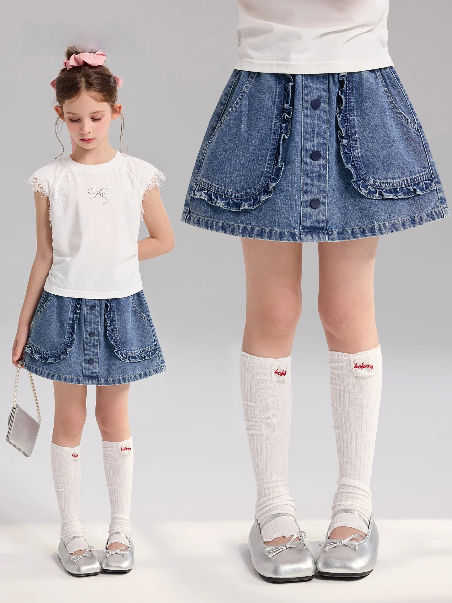gonna-in-denim-lavato-a-balze-per-ragazze-adolescenti-lunghezza-media-abbigliamento-estivo-per-bambini-tonalita-blu-cotone-poliestere-fibra-rigenerata