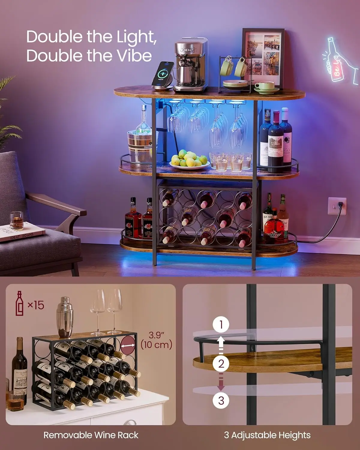 Vasagle Bar Cabinets For Home, Led Coffee Bar With Power Outlets, Home Mini Bar For Liquor, Freestanding Wine Rack With Glass