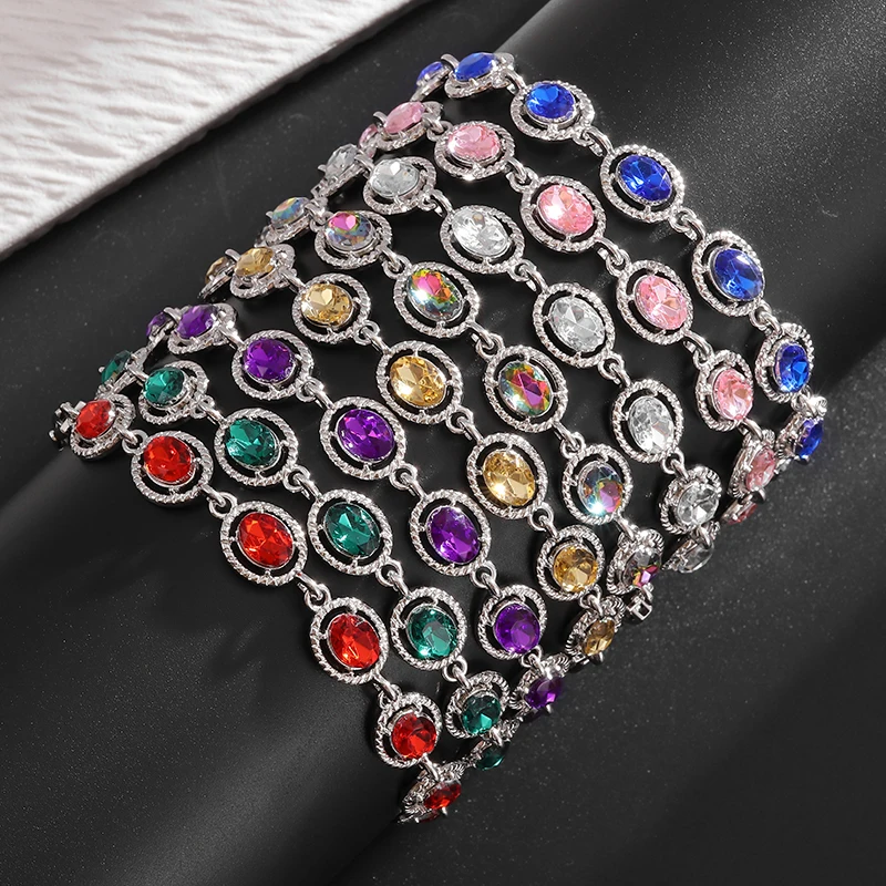 Exquisite Rainbow Multi-Color Oval Crystal Gemstone Bracelet for Women Fashion Glamor Party Banquet Jewelry Girls Gift