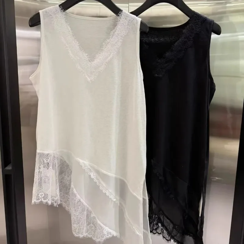 

Korean Style Lace Patchwork V Neck Asymmetrical Long Top for Women Sleeveless Layered Casual Blouse