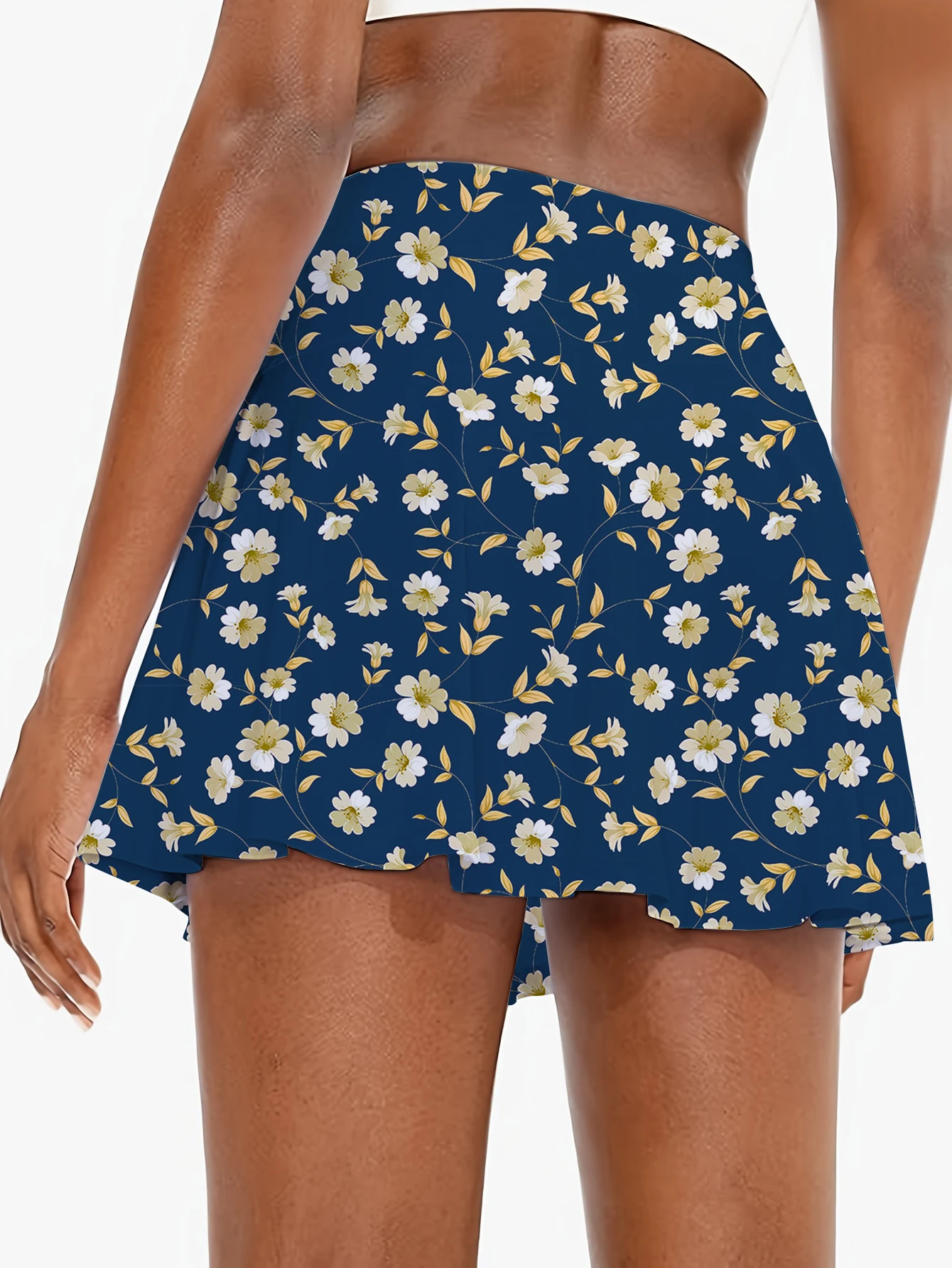 Blue High-Waist Printed Mini Skirt for Girls with Built-In Shorts Casual Elastic Pocket Skirt Bohemian Style