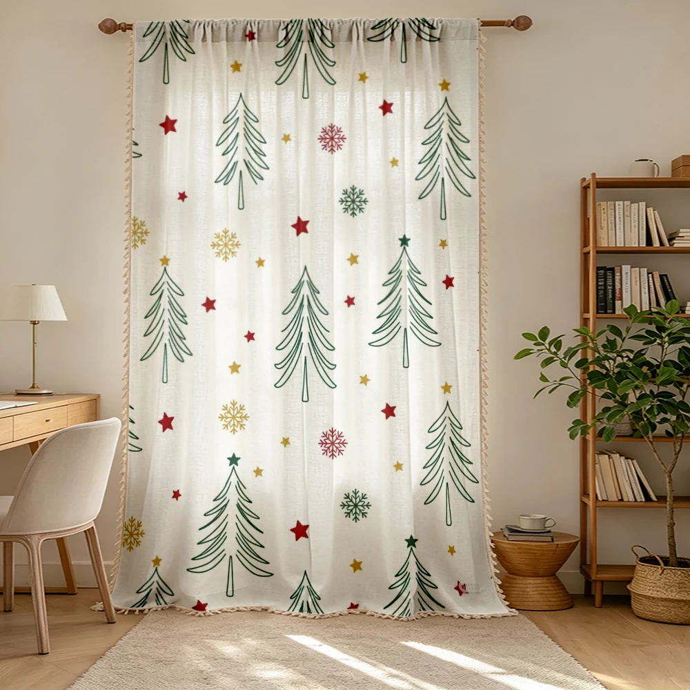 1PC Christmas Winter Tassel Sheer Curtains, Line Xmas Tree, Digital Print, Linen Polyester, Bedroom Living Room, Home Decor