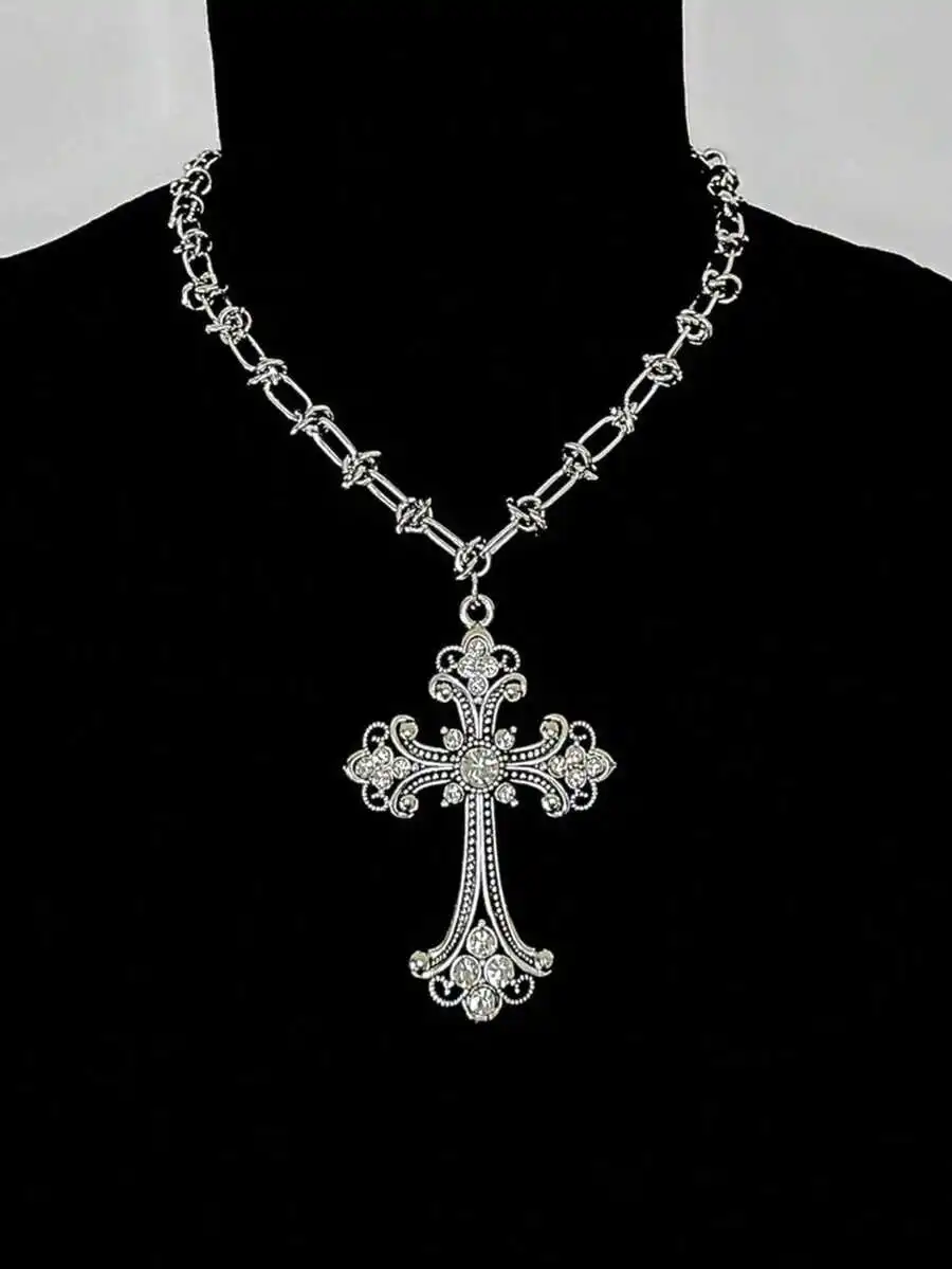 

Knotted Thorn Chain Rhinestone Cross Pendant Necklace Gothic Style Fashion Jewelry For Women