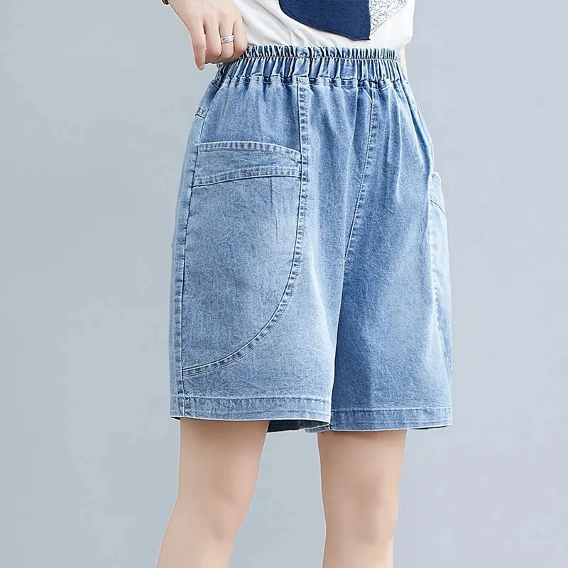 Women's Denim Shorts Blue Elastic Waist Mid Rise Loose Beach Shorts with 2 Front Pockets Female Jeans Short Pants