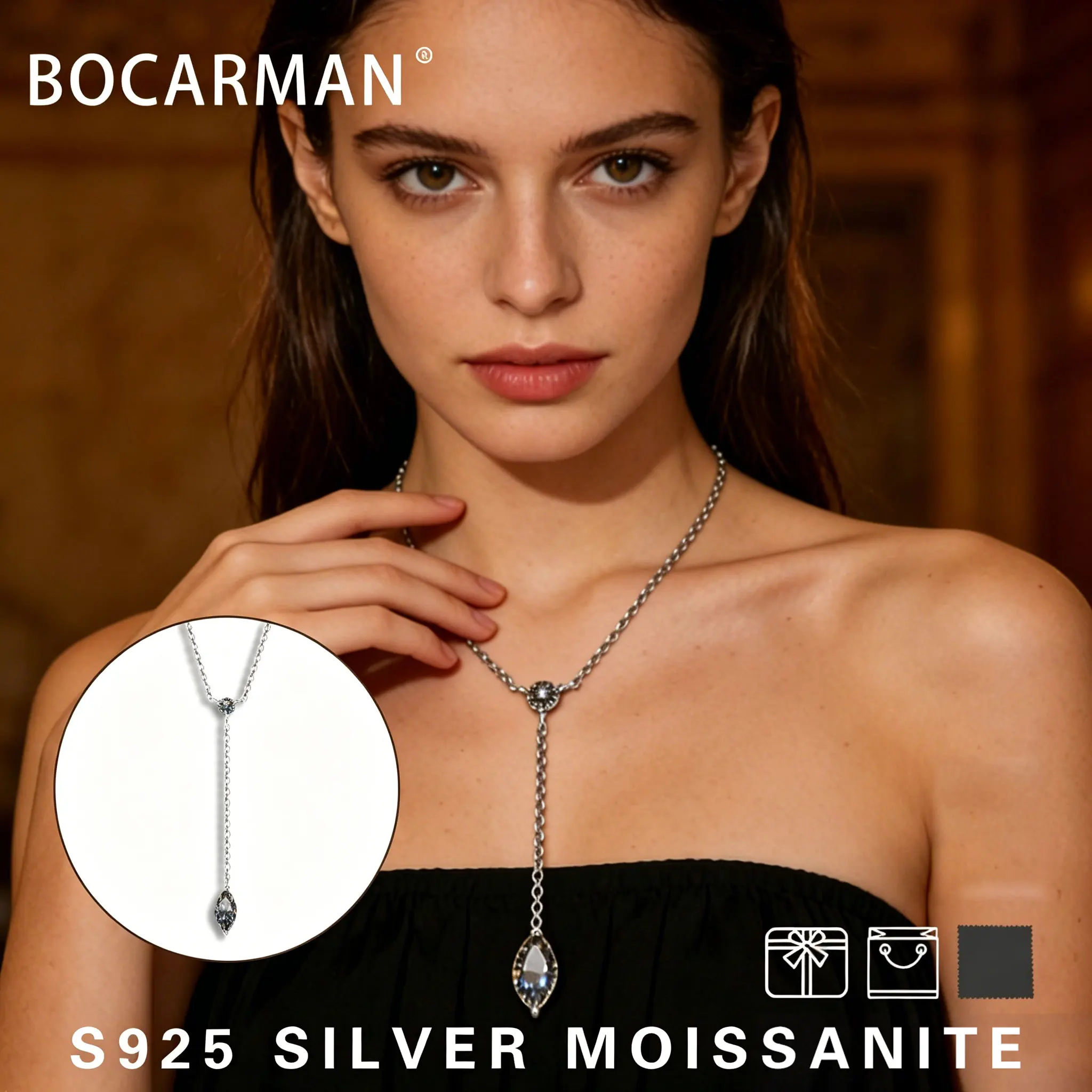

S925 silver plated platinum and golden GRA Gray Moissanite Marquise shape pendant women's necklace fine jewelry simple Elegant