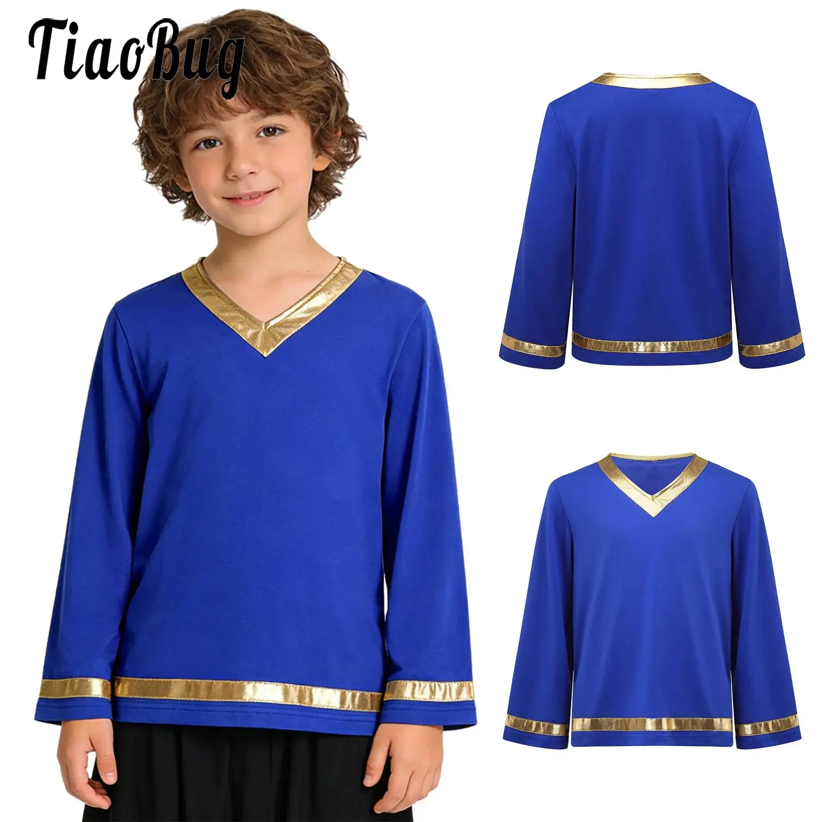 

Children Boys Liturgical Praise Worship Pullover Tops Long Sleeve V-neck Shirts Top for Dancing Church Choir Performance Costume