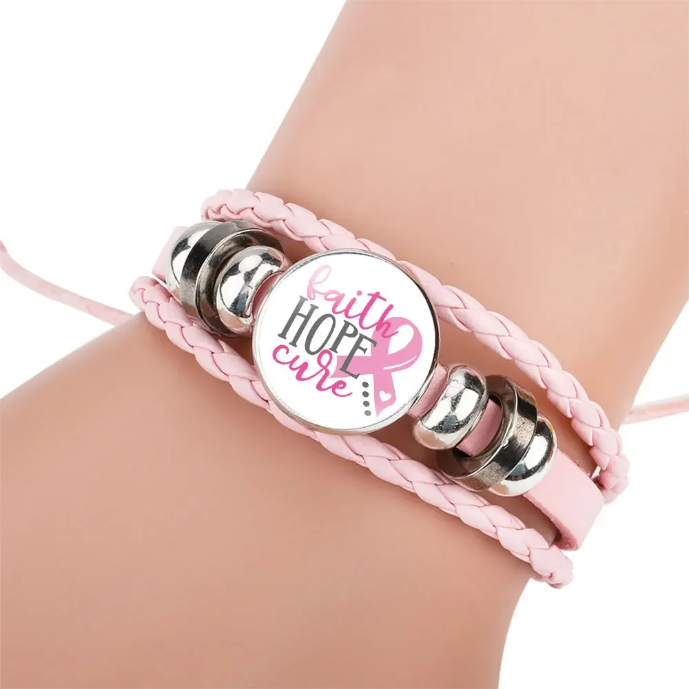 Pink Ribbon Charm Bracelet For Women Braided Leather Rope Bangle Girls Breast Cancer Awareness Hope Jewelry Accessories