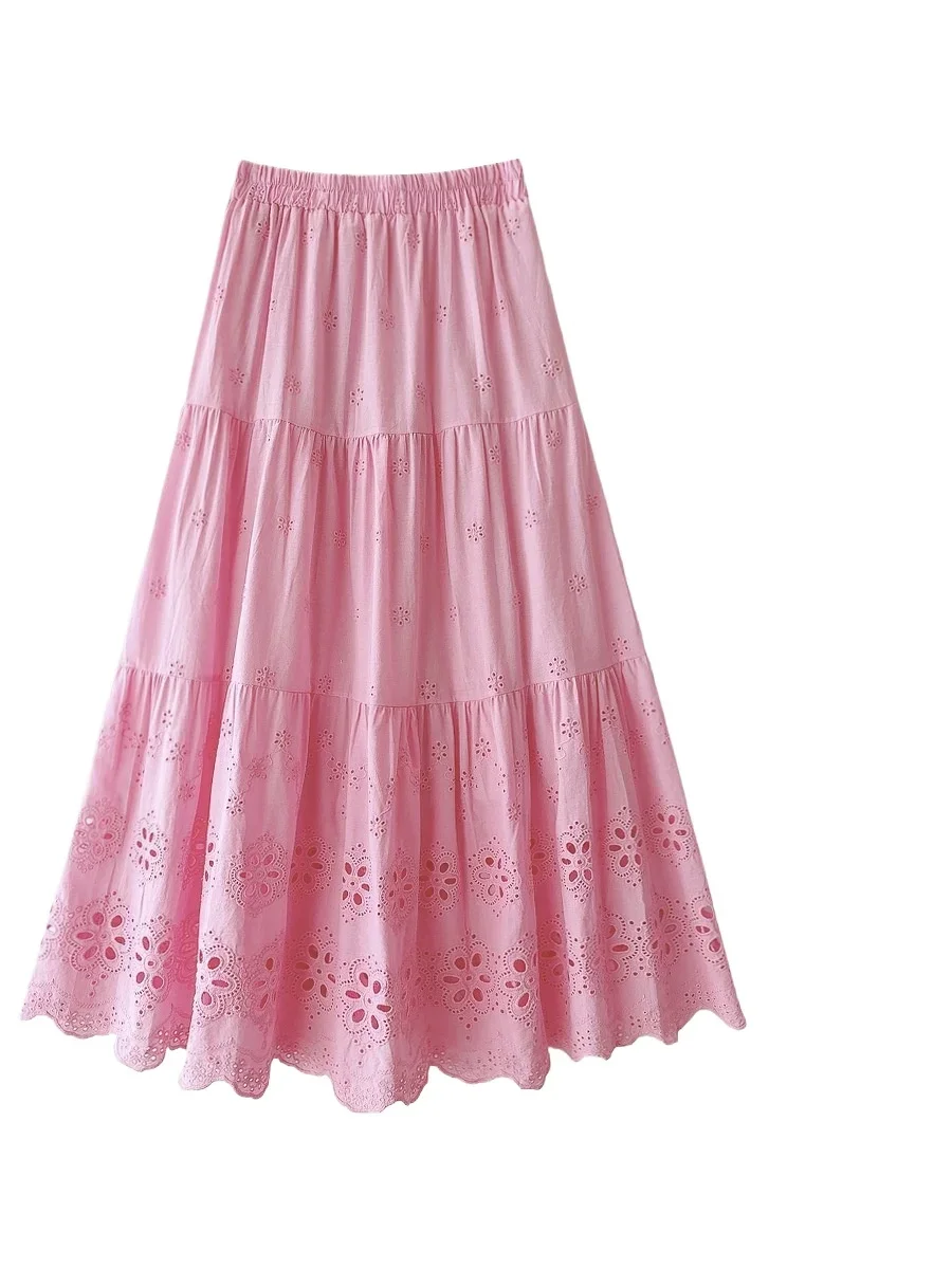 2024 New Fashion Summer Women Hollow Out Embroidery A-line Skirt Casual Women Vintage Elegant High Waist Aesthetic Skirt Female