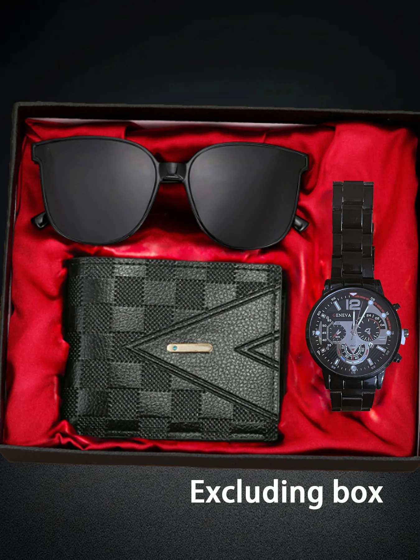 3Pcs Men Gift Set Black Sunglasses Plaid Leather Wallet Stainless Steel Chronograph Watch Casual Male Accessories Excluding Box