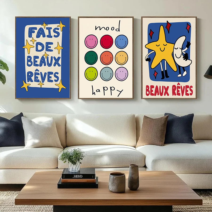 Cute Cartoon Smile Face Wall Art Prints Colorful Quote Poster Abstract Canvas Posters for Kids Nursery Bedroom Wall Home Decor
