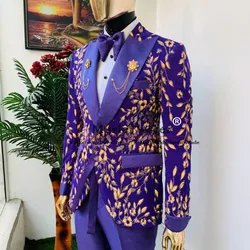 Luxurious Leaf Gold Purple Wedding Tuxedo Formal Party Men's Suit Fit Slim Peaked Lapel Blazer Pants 2 Pieces Set Groom Marriage