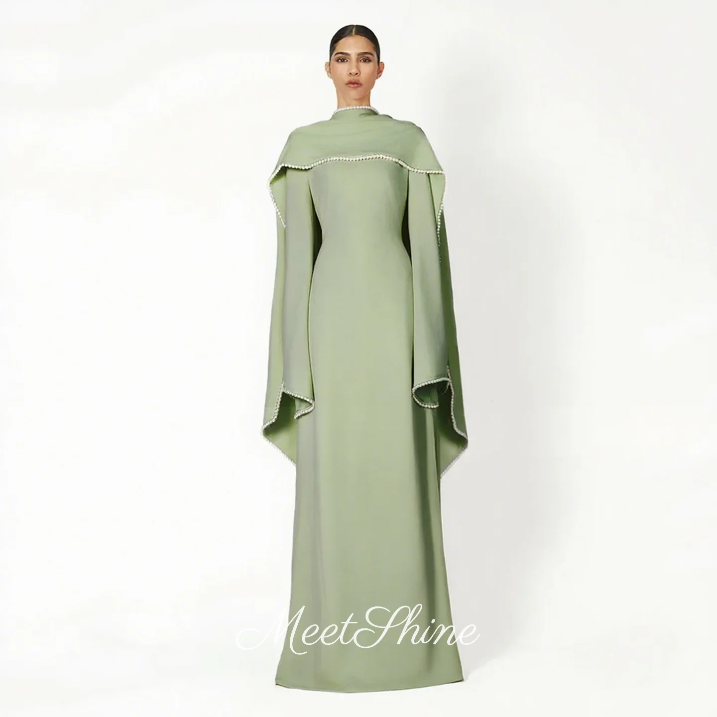 

Dubai Grass Green Long Sleeve Prom Dress Luxury A-Line Beading High Neck Evening Dresses Customized Formal Wedding Party Dress