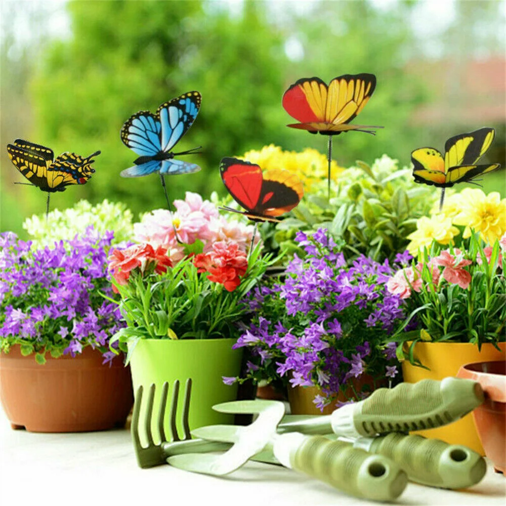 50pcs Artificial Flower Pots On Sticks Garden Decor Colorful Patio PVC Butterfly Stakes Outdoor Yard Indoor Party Supplies Craft