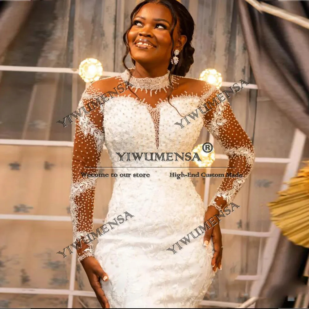 

Aso Ebi Mermaid Wedding Gown For Black Girls O Neck Crystals Beading Bridal Dress Customized Illusion Long Sleeves Party Dresses