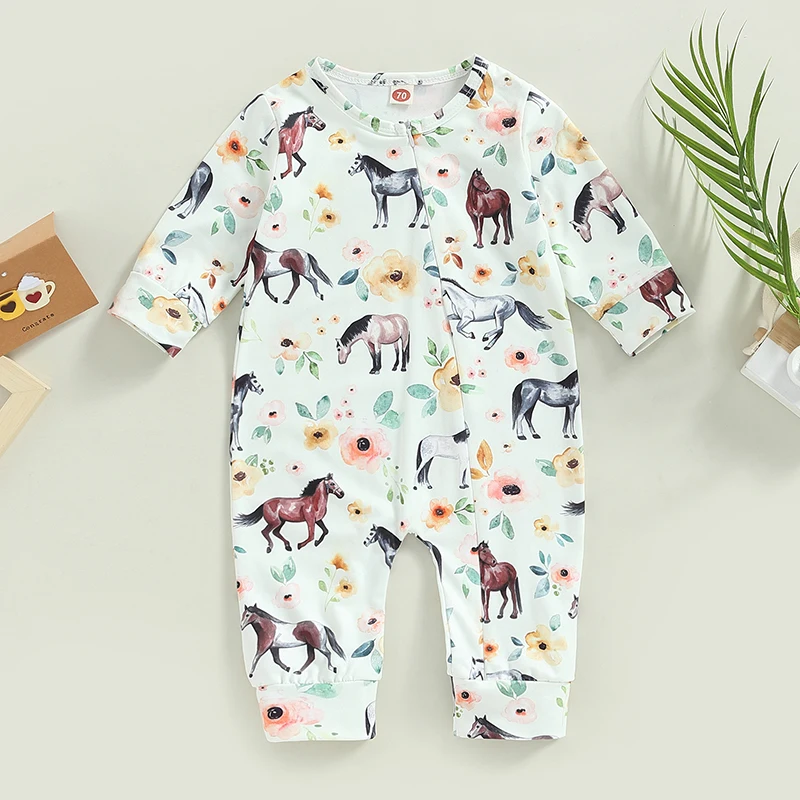 Infant Rompers Baby Jumpsuit Fashion Girls Boys Horse Floral Print Long Sleeve Crew Neck Oblique Zipper Clothes Newborn Clothing