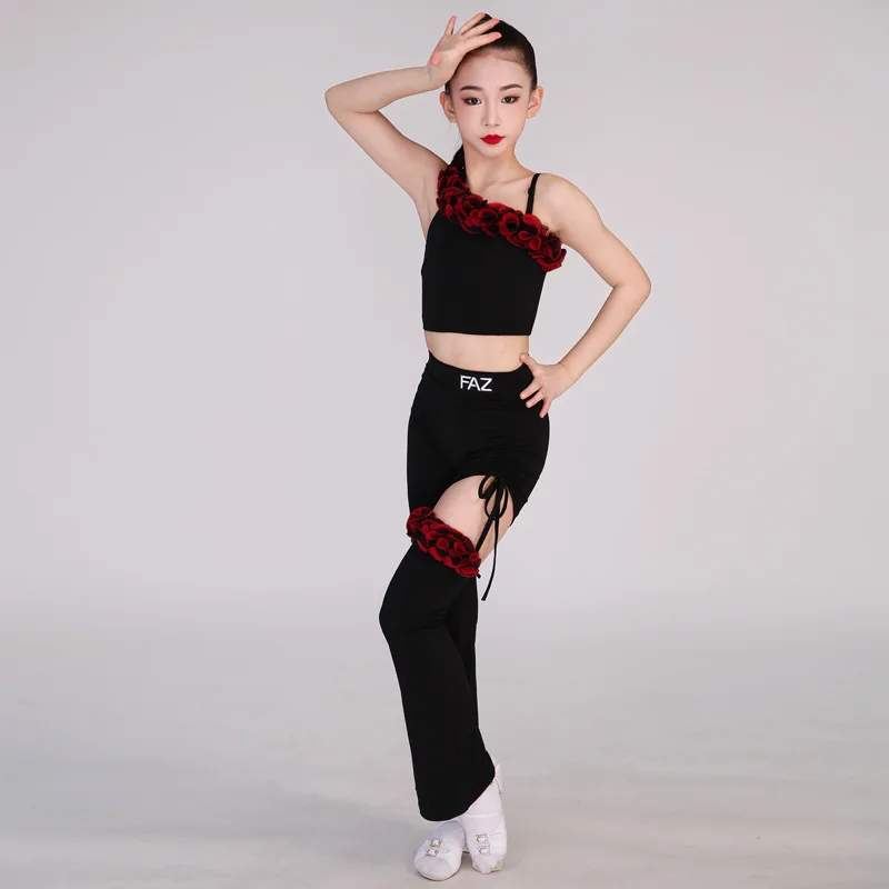 

Customized Latin Dance Suit Practice Dress Girls Competition Performance Dress Black Flower Salsa Dance Pants Split Set
