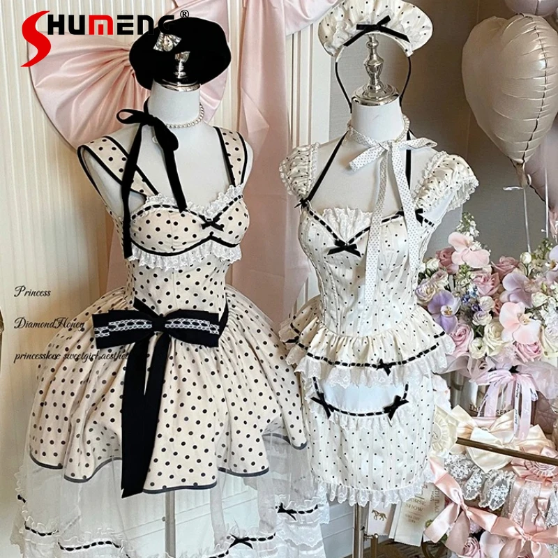 

French Style Gentle Romantic Retro Ladies Elegant Temperament Polka Dot Thin Dress for Women's Chic Short Sweet Vestidos Mujer