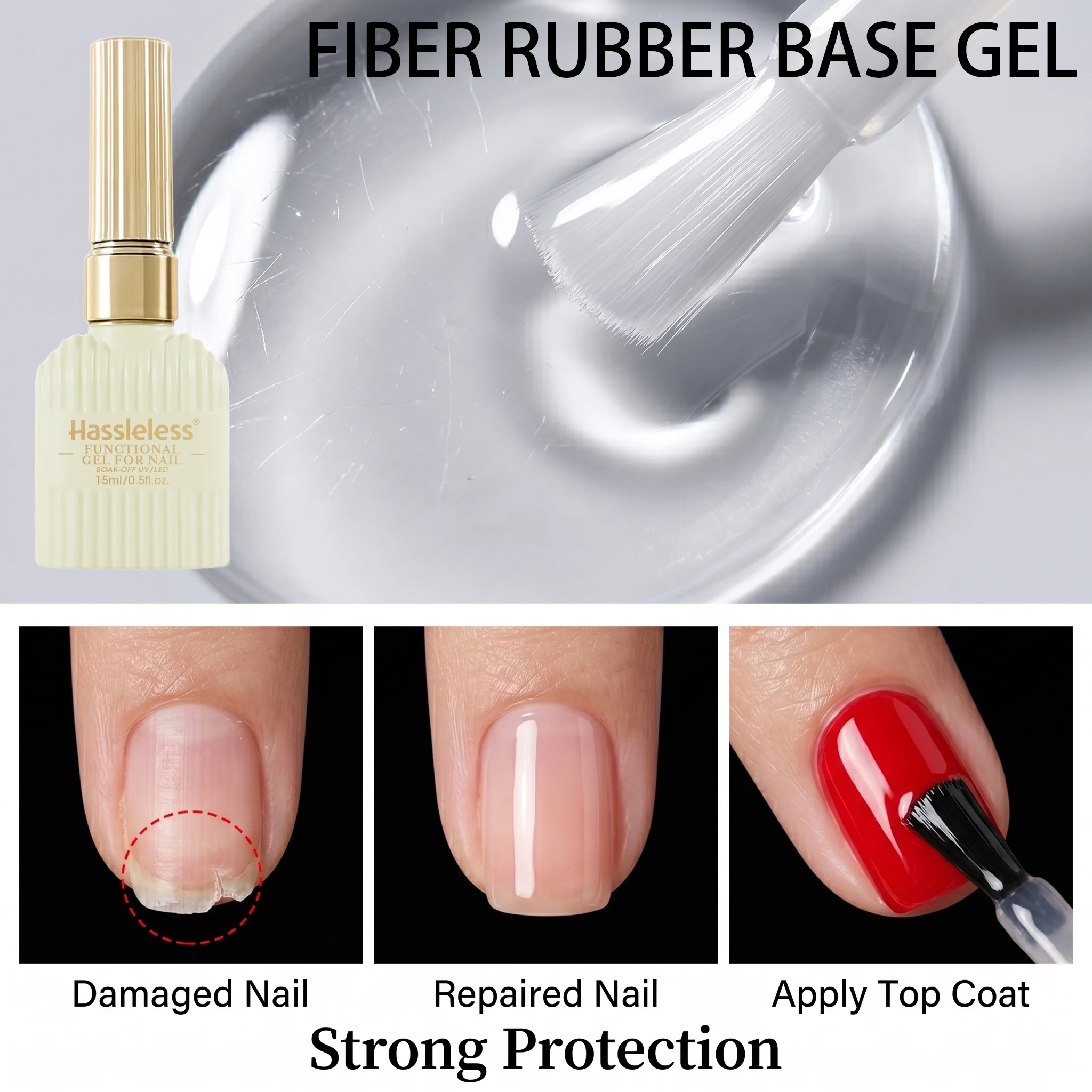 Hassleless Fiber Rubber Base Gel 15ml, UV/LED Cured, Repairs Damaged Nails, Strengthens Thin Nails, Improves Adhesion and Long-L
