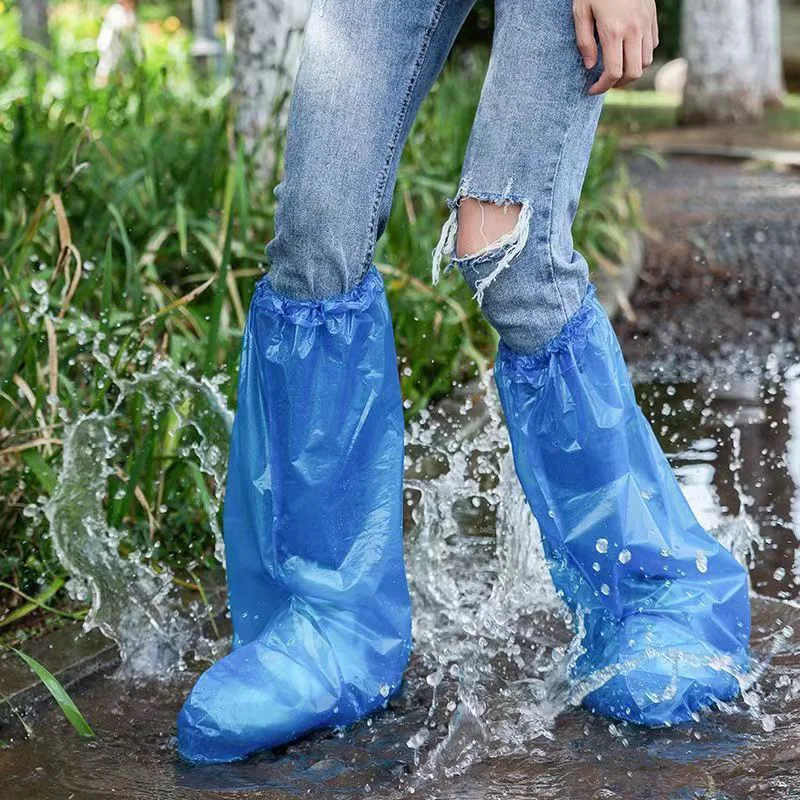 10PCS Blue White Rain Shoe Covers Disposable Plastic Waterproof Rain Shoe Covers Portable Tools Traveling in Rainy Days