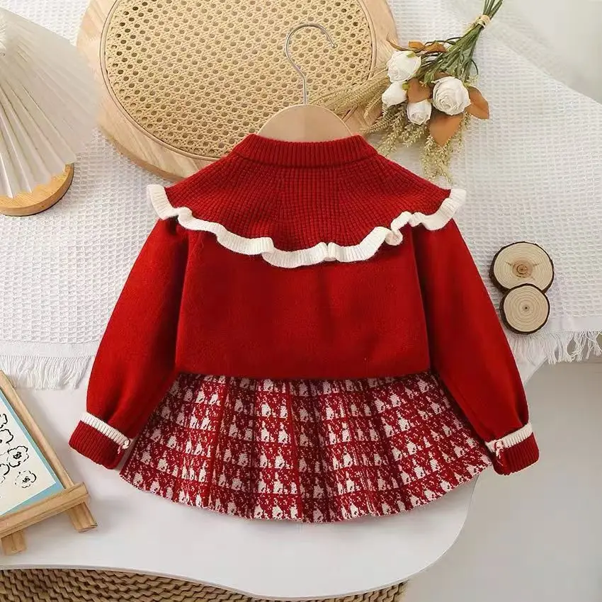 Children's Sweater Set 2025 Autumn/Winter New Girl's Sweater Short Skirt Collar Knitted Top Half Skirt Two Piece Set