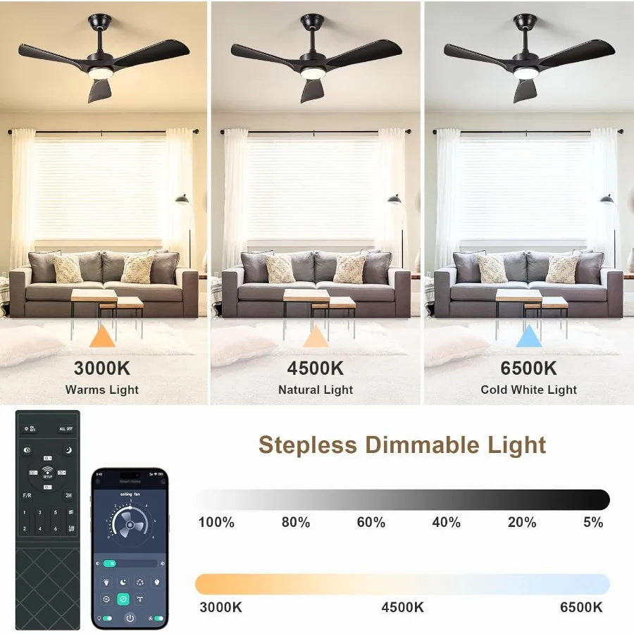مروحة سقف خارجية منخفضة المستوى مقاس 42 بوصة مع ضوء وتحكم عن بعد في التطبيق للفناء وغرفة المعيشة تصميم حديث 3 شفرات هادئ R