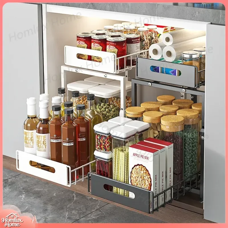 Multifunctional Under Sink Storage Rack for Kitchen Bottles Cans Seasonings Snacks Organizers Pull Out Shelf Adjustable