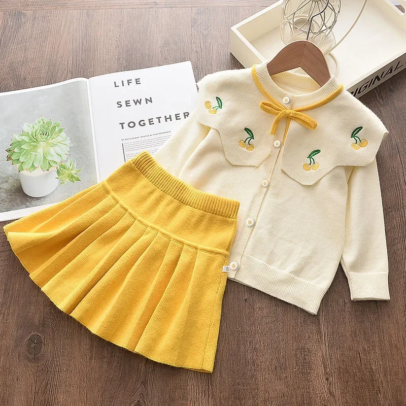 New New Style Girls Christmas Autumn Clothing Knitted Piece GIRL\'S Cute Sweater Suit Skirt Warm Cardigan Pleated Skirt Girl Set