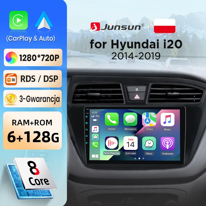 Autoradio Junsun sans fil CarPlay Android Auto pour Hyundai i20 2014-2019, systèmes intelligents DSP SWC RDS GPS FM BT