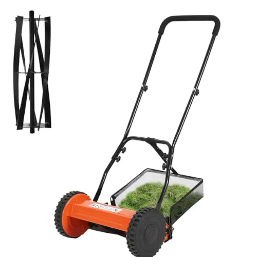 

14 Inch 5 Blade Push Reel Lawn Mower Walk-Behind Manual Lawn Mower with Grass Catcher Bag 0.6-1.8 Inch Adjustable Cutting Heigh