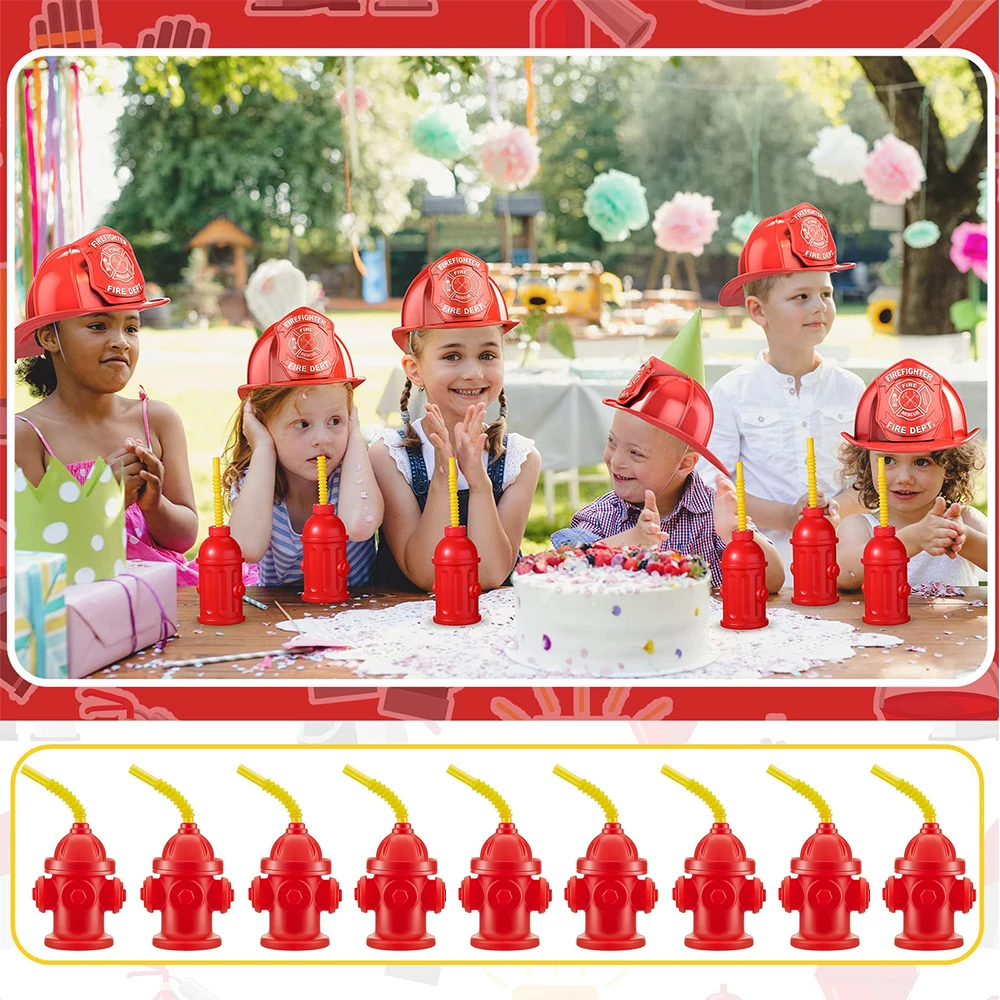 4/6/10Pcs Plastic Fire Hydrant Straw Cup With Lids Red Water Cup for Kids Firefighter Fire Truck Birthday Fireman Party Supplies