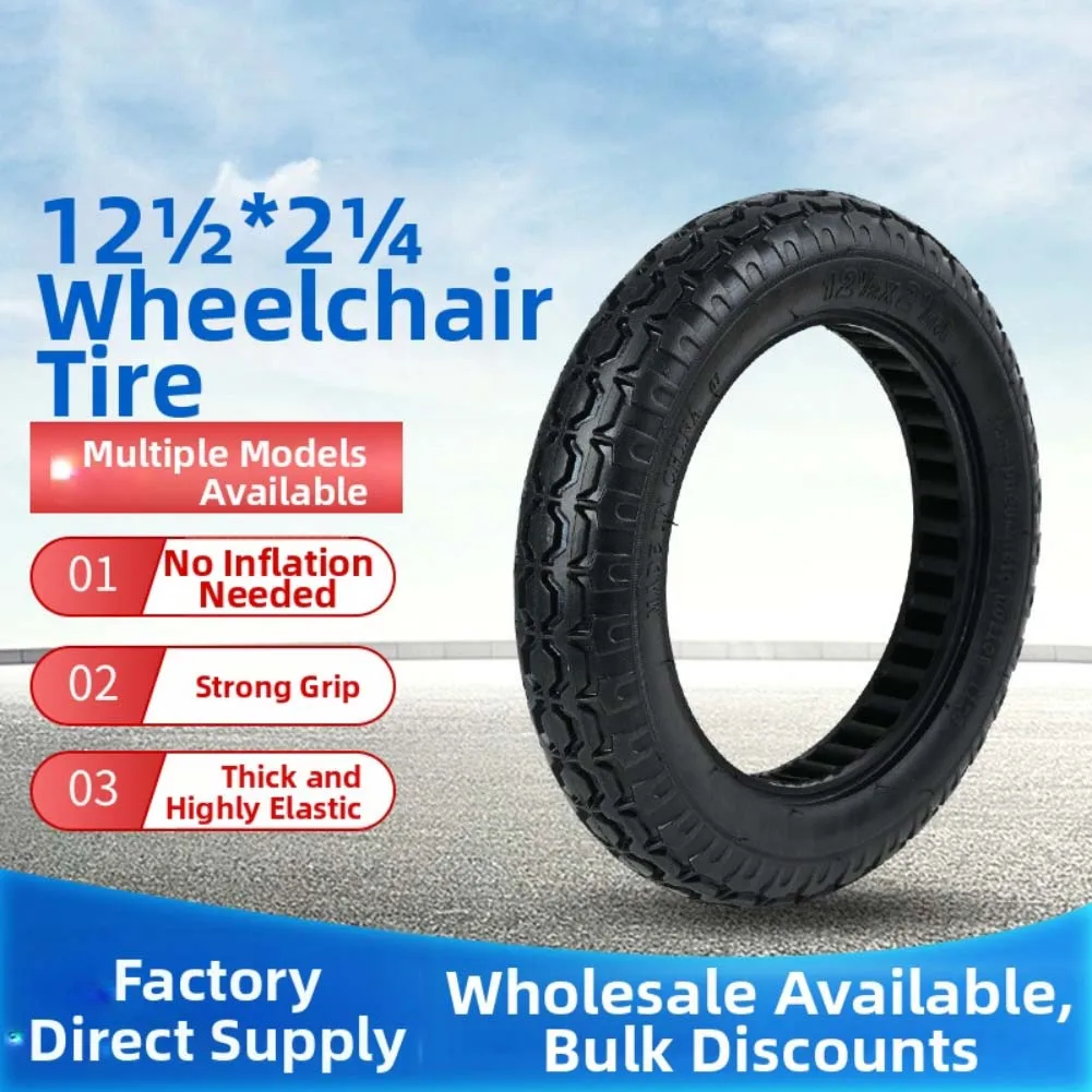 Anti deflation solid tire for wheelchair wheels 12 5 by 2 25 rubber wide tread with drainage grooves and stable performance