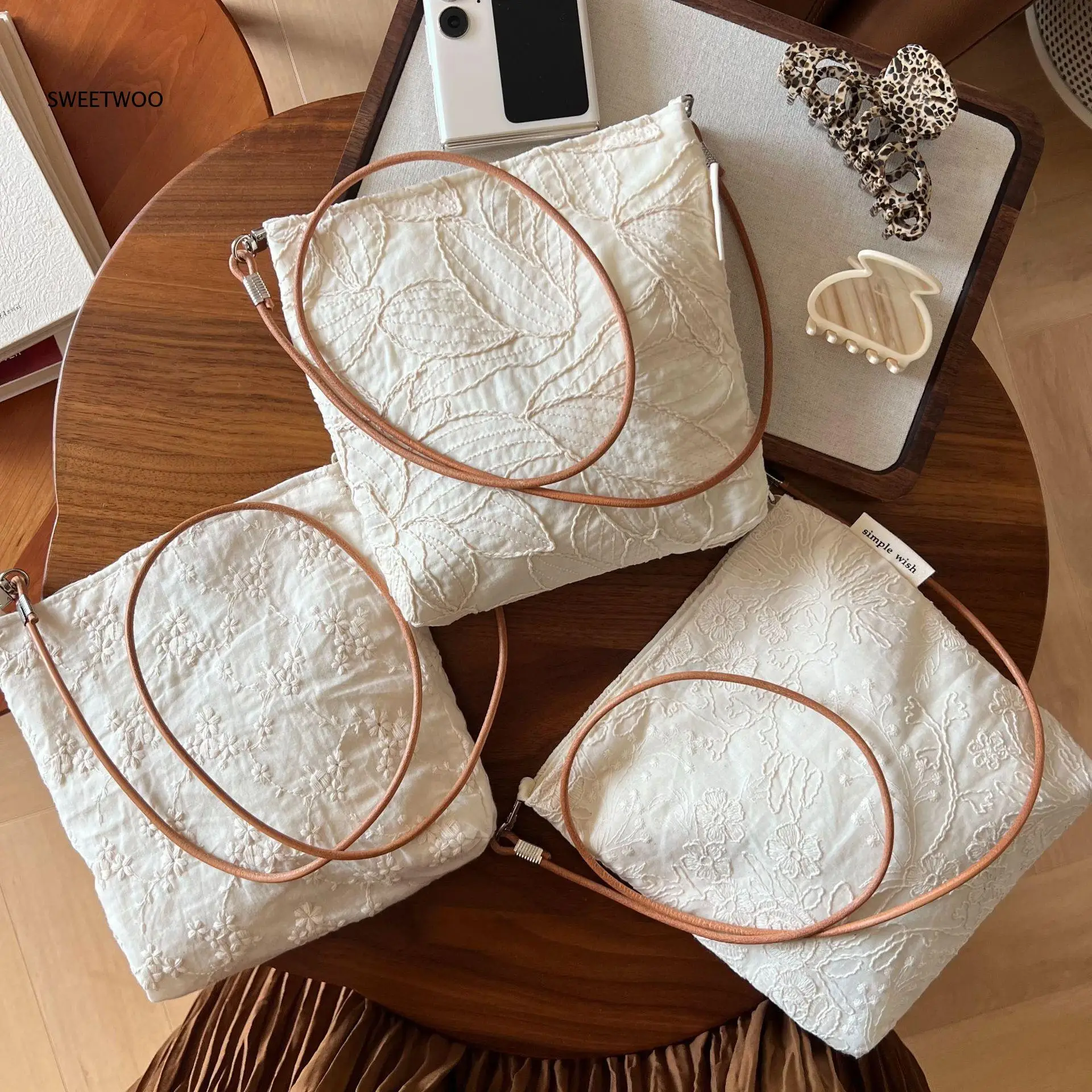 Apricot Three Dimensional Flower Embroidered Cotton Linen Cross Body Bag Thin Leather Round Strap Mini Phone Storage Women Pouch