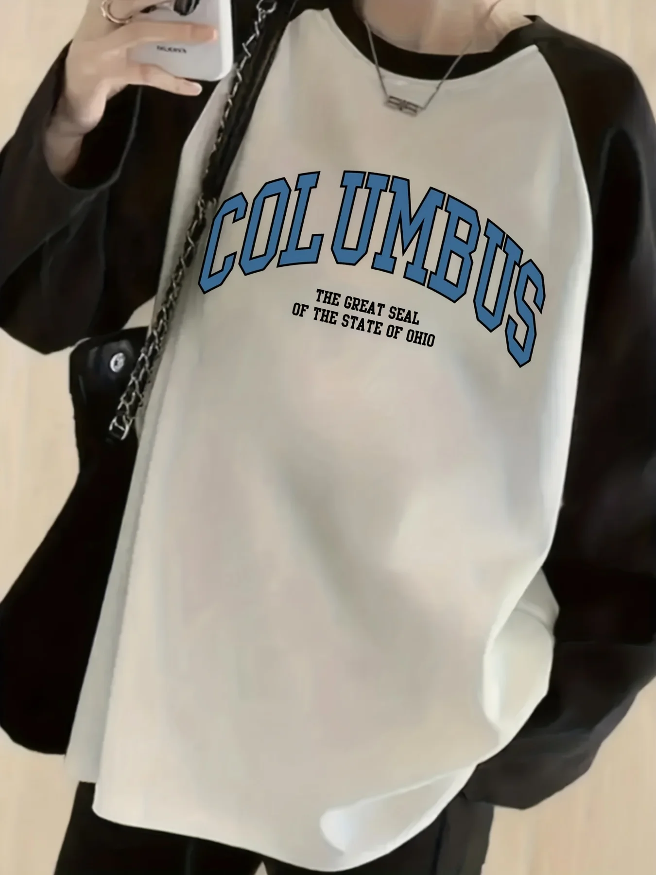Women's Crew Neck Long Sleeve COLUMBUS English Print Raglan Sleeve T-Shirt American Vintage Style Tee Tops Clothes Female Ladies