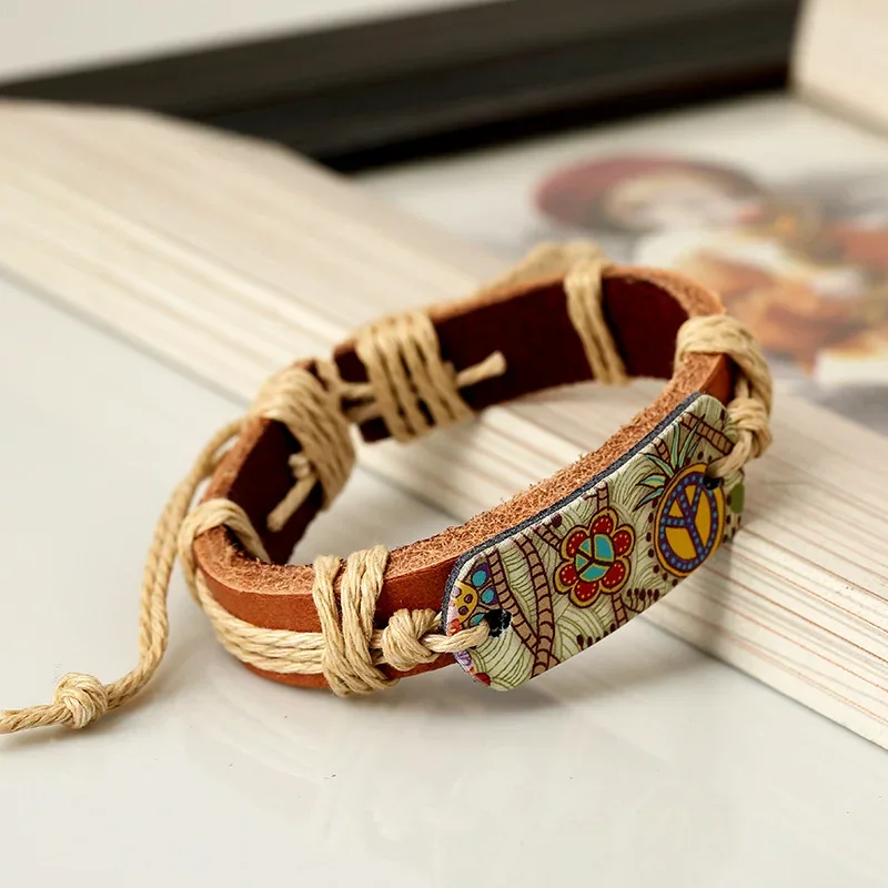 Vintage Bracelets for Women Bohemian Retro Leather Adjustable Bracelet Hand Made Jewelry for Women Flower Print Rope Gifts