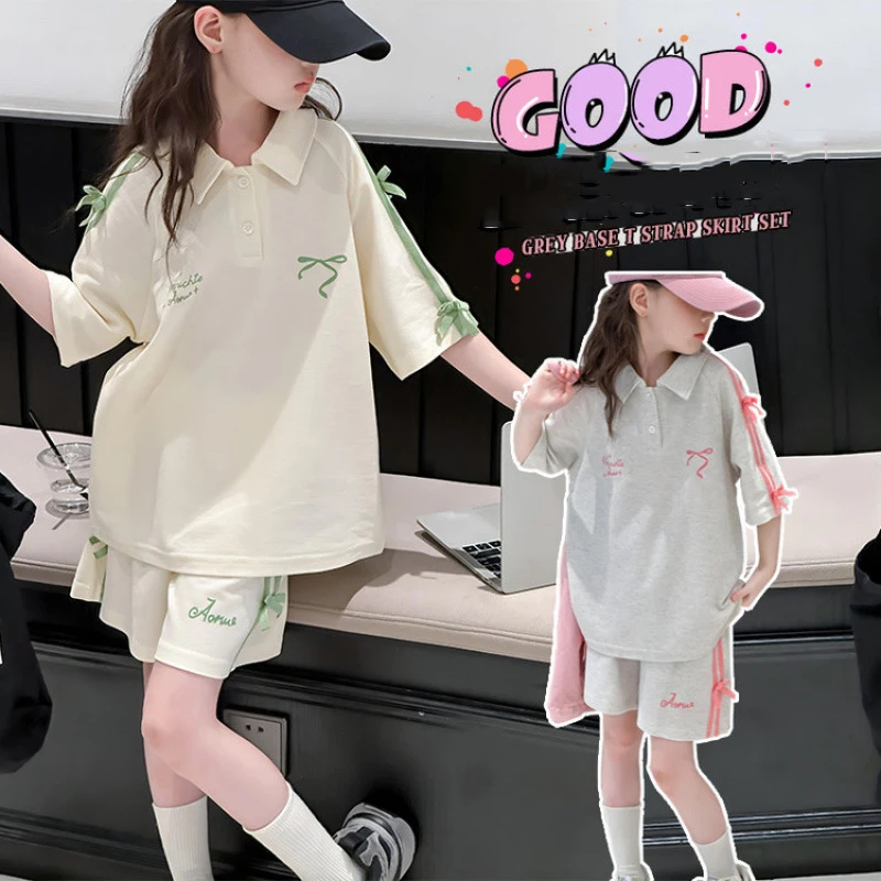 

Children's Sportswear Sweet Cute Ribbon Bow Two-Piece Set Children's Summer Casual Short Sleeved Shorts Girls' Two-Piece Set