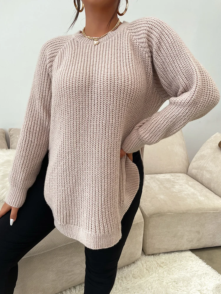 ONELINK Suede Wool Plus Size Women\'s Sweater Pullover O Neck Half Brioche Stitch Knit Solid Pale Pink Loose Sleeves Long Tops