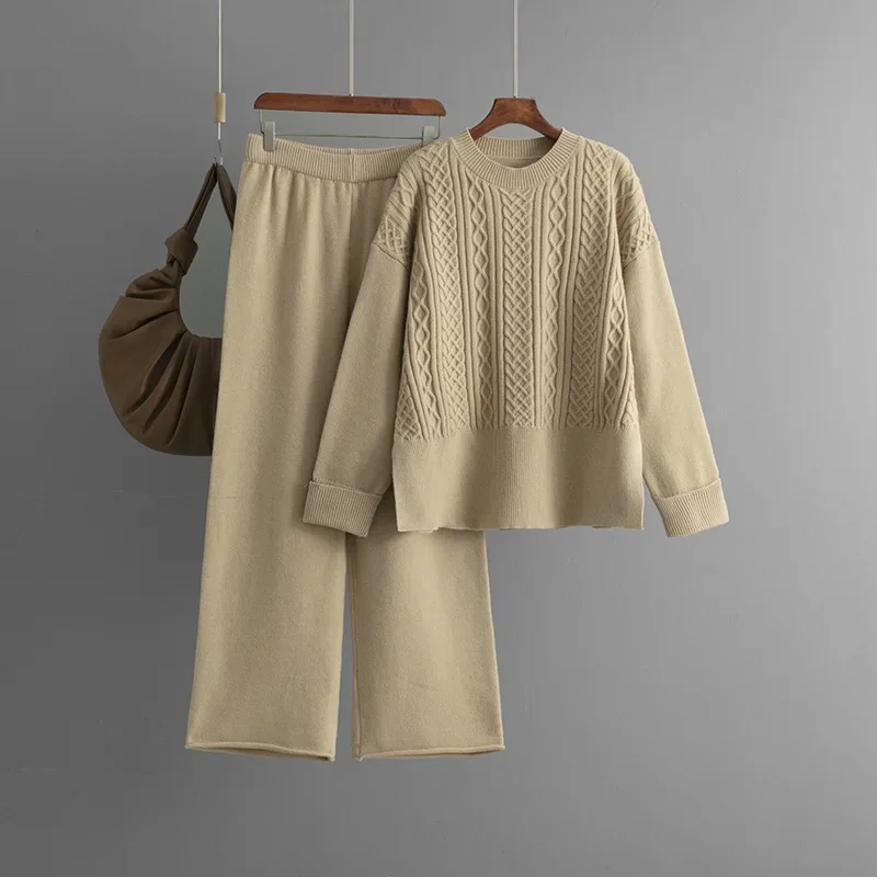 

Women's Plus Size Casual Trendy Loose Solid Color Knitted 2 Piece Set Autumn Winter New Fashion Female Sweater Wide Leg Trousers