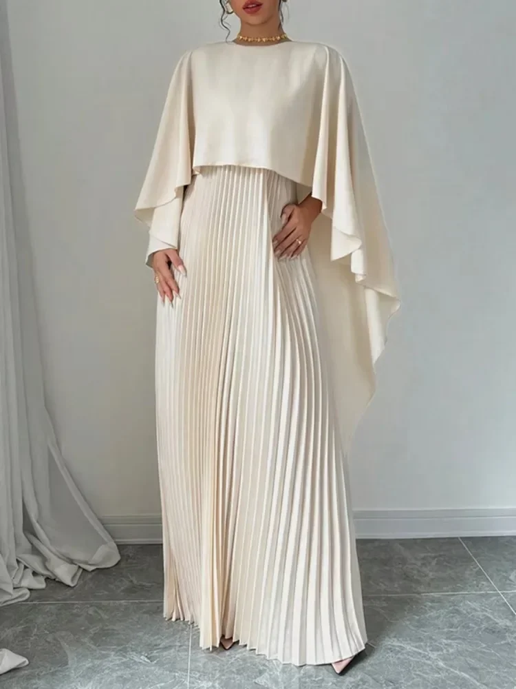 Lemongor Fashion Solid Color Pleated A-line Long Dress For Women 2024 New Autumn Cape Sleeves O-Neck Party Evening Maxi Dresses