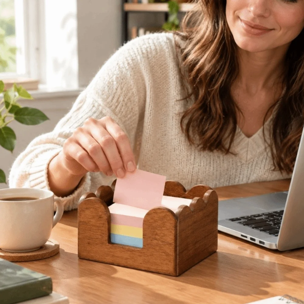 Wave Edge Wooden Desk Organizer Non-slip Smooth Surface Sticky Note Holder Space Saving Durable Office Storage Box Stationery
