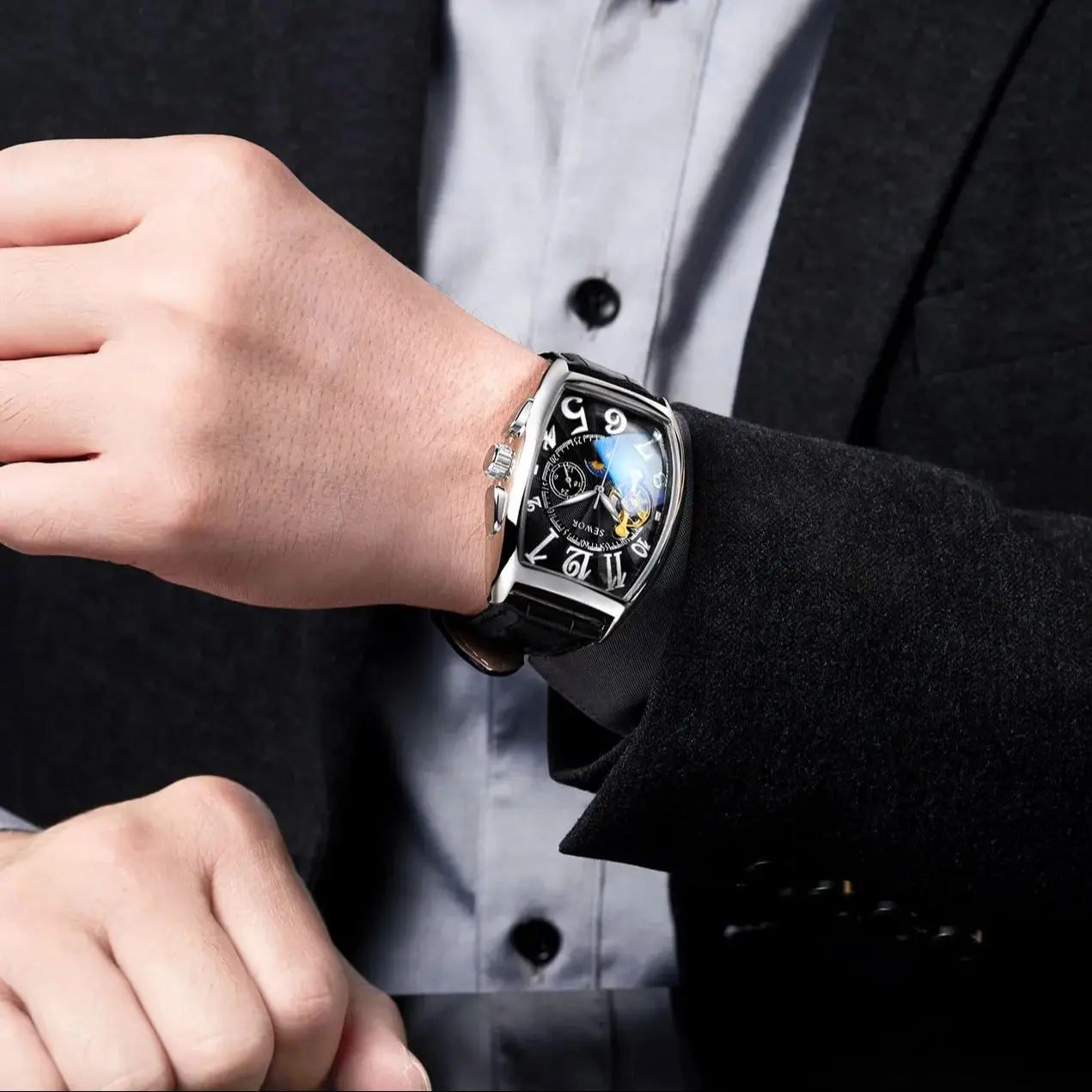 ساعة SEWOR Tonneau الهيكل العظمي للرجال مضيئة الأيدي توربيون ساعات آلية أوتوماتيكية حزام من الجلد ساعات المعصم التجارية