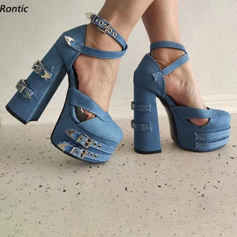 

Rontic Handmade Women Platform Pumps Denim Buckle Strap Chunky Heels Round Toe Pretty Blue Cosplay Shoes US Size 5-15