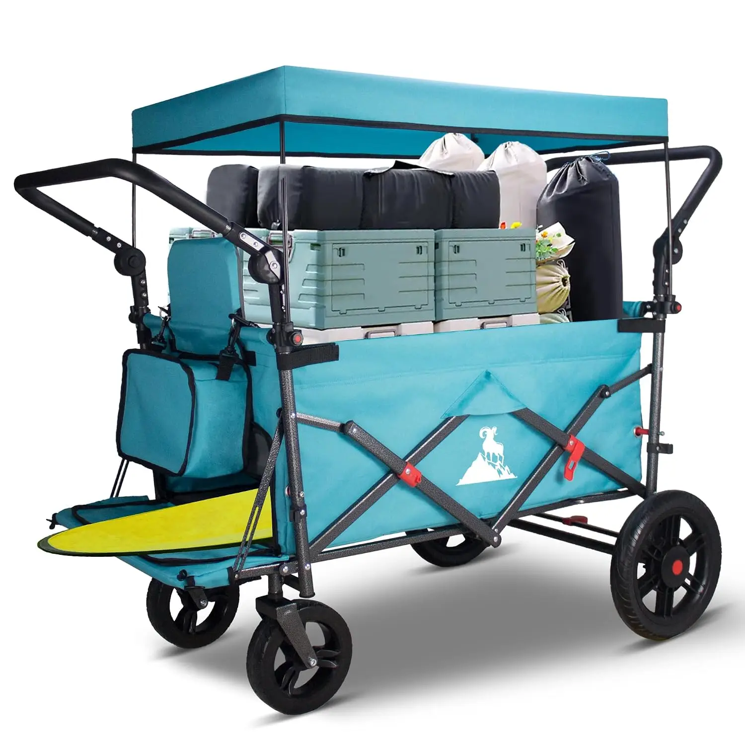 Foldable Wagon with Canopy - Collapsible Utility Cart with 2 Seats & Belts, Adjustable Handle, Expandable Front, Customized