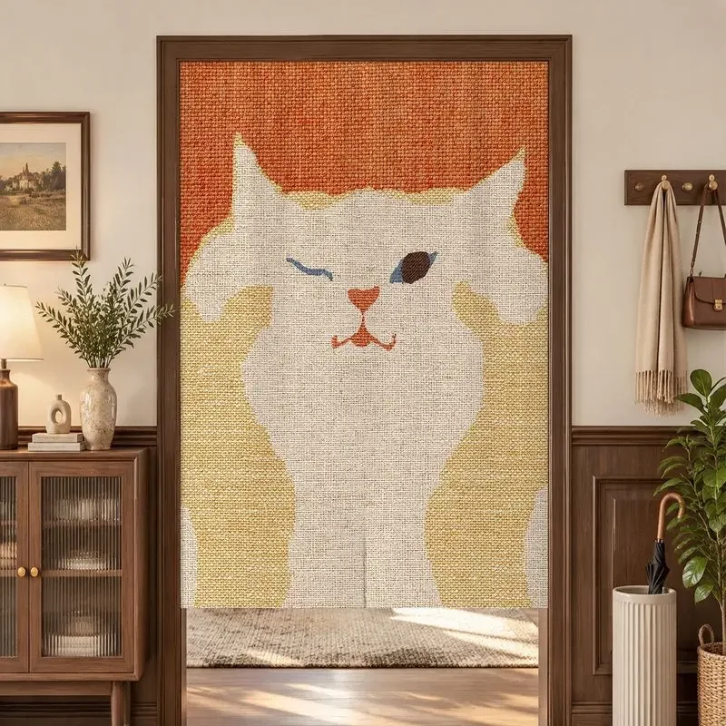 Three Cat Door Curtain Retro Oil Painting Cat Fabric Door Curtain Non Perforated Bedroom Entrance Privacy Partition Curtain
