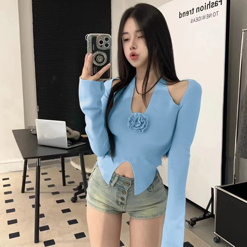 

Knitted Clothing Women Basic Pure Color Casual Flower V-neck Cropped Pullover