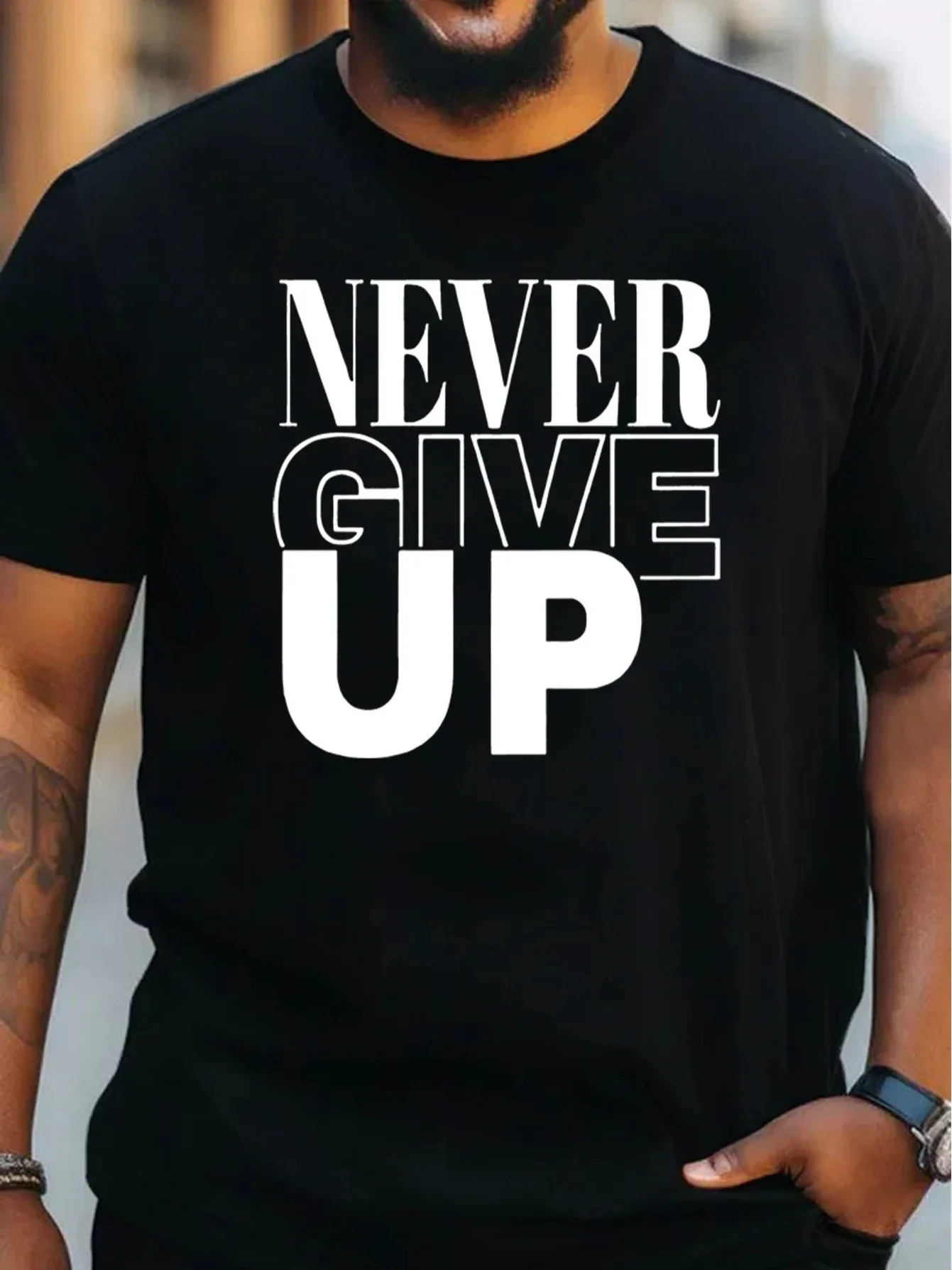 

Never Give up Creative Alphabet Print plus Size Men'S Crew Neck Short Sleeve Comfortable Summer T-shirt for Daily Wear and Worko